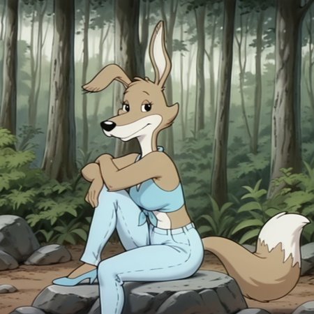 masterpiece, best quality, amazing quality, daisybbil, semi-anthro, female, dingo, brown fur, black eyes, tail, blue halter top, tied shirt, blue high heels, blue jeans,  forest, sitting, on a rock, one knee up, hugging knee, looking at viewer,