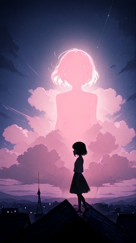 masterpiece, newest,absurdres,incredibly absurdres, best quality, amazing quality, very aesthetic, anime style, surreal, painterly,
1girl, pink silhouette, rooftop, moonlight, clouds,
<lora:gyup_style:1>  <lora:m4chigami_y0h_style:1>
