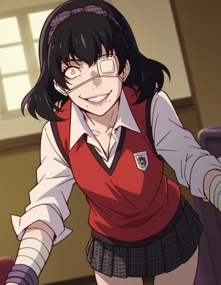 score_9, score_8_up, score_7_up, source_anime, <lora:midari-ikishima-s2-ponyxl-lora-nochekaiser:1>, midari ikishima, short hair, black hair, hairband, mole, eyepatch, mole under mouth, smile, yellow eyes,, skirt, shirt, school uniform, pleated skirt, bandages, wristband, sweater vest, red sweater vest,, indoors, bent over, smile, smug, looking at viewer, solo,, cowboy shot, dutch angle