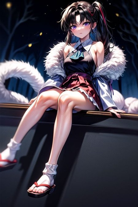 masterpiece,  best quality 1girl Setsun4 solo long hair,  (night time) forest background black hair very long hair purple eyes multicolored hair armor (fur trim) (medium body),<lora:EMS-179-EMS:0.800000>,<lora:EMS-293862-EMS:0.800000>ascot, bare shoulders, black footwear, detached sleeves, embellished costume, frills, japanese clothes, nontraditional miko, red skirt, sandals, sarashi, skirt, socks, armor, miko