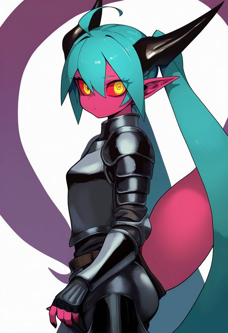 masterpiece, best quality, very aesthetic, high resolution, ultra-detailed, absurdres, newest, extremely detailed eyes, beautiful, perfect lighting, hi res, amazing quality, very awa, COLIG_ST, tail, female focus, horns, 1girl, yellow eyes, red skin, colored sclera, simple background, looking at viewer, fingernails, armor, pointy ears, no humans, white background,  long hair, hatsune miku, armor, aqua hair, ahoge