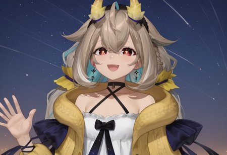 1girl, solo, standing, Utatane_Nasa, hair between eyes, multicolored hair, low twintails, very long hair, sidelocks, ahoge, red eyes, blonde hair, small breasts, colored inner hair, jewelry, earrings, horns, white dress, collarbones, halterneck, black choker, black hairband, bow, bare shoulders, arm ribbon, jacket, yellow cardigan, puffy long sleeves, open clothes, coat, wariza, sitting, starry sky, waving, looking at viewer, open mouth, arm up, outstretched arms