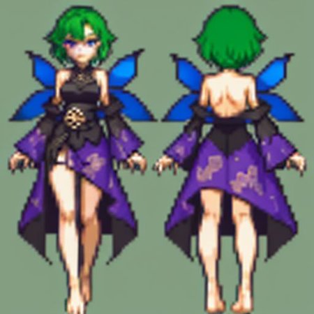 gothic, anime, evil fairy,a short ripped dress, red nails, long light green hair, evil face, fairy, dark fantasy, fairy wings with a poisonous pattern, small boobs,  simples background, purple eyes, barefoots, gbaportrait, model sheet, chara-sheet