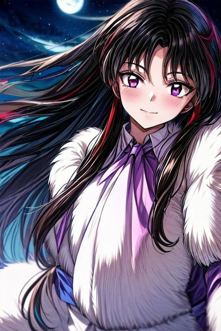 masterpiece,  best quality 1girl Setsun4 solo long hair,  (night time) forest background black hair very long hair purple eyes multicolored hair armor (fur trim) (medium body),<lora:EMS-179-EMS:0.800000>,<lora:EMS-293862-EMS:0.800000> bow, hair_bow, hair_tubes, red_bow, brown_hair, long_hair, bangs, ascot, frilled_bow, yellow_ascot, blush, smile, hair_between_eyes, athletic