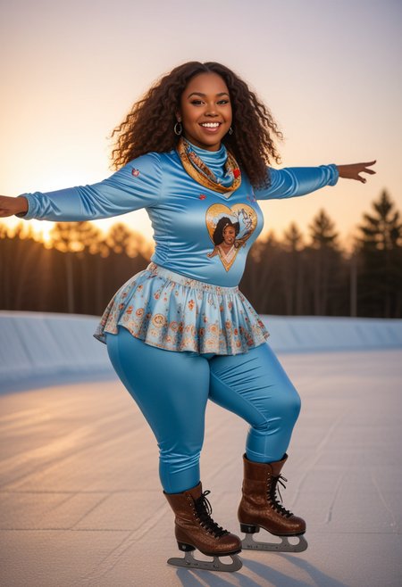 (medium full shot) of (radiant ice skater) young woman, african, dark skin, black eyes, full-figured build, long brown layered cut hair, wearing a ice blue vintage skating shirt with graphic print, velvet pants , vintage skates with unique designs, shimmering lip gloss, silk scarf,  set in  , during sunset, woman smiling, Masterpiece,best quality, photo, realistic, very aesthetic, detailed face,