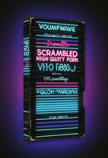 vhs-box, nsgzz, "SCRAMBLED PORN" text,  caps font, sans serif font, text focus, text, neon sign, white text, blue theme, glow, indoors, bedroom theme,  purple stripe, sunset theme, text logo, vhs black case, E-180, retrowave, logo parody, VHS, HIGH QUALITY (text), handwriting, masking tape overlay, 1980s theme, outrun, vaporwave, text, decorative font, humor