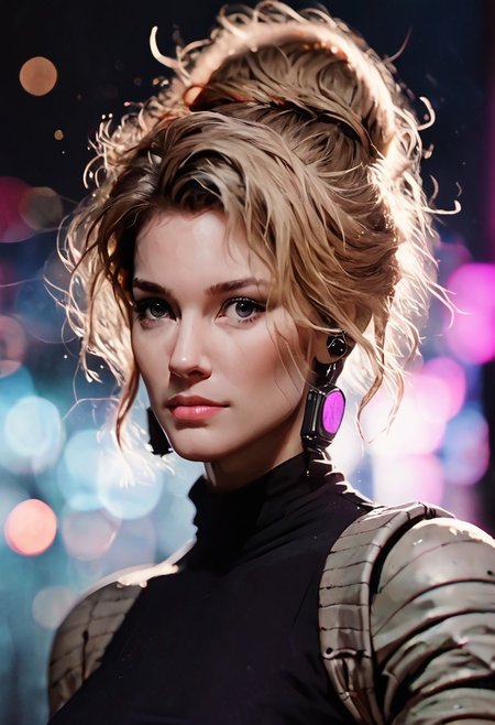 score_9, score_8_up, score_7_up, cyborg, ar3na1989, Kodak Motion Picture Film Style, 1girl, blonde hair, (neon purple light), updo hair, bounty hunter, (bokeh), sci-fi, dark atmosphere, moody, cybernetic implants, aesthetic,