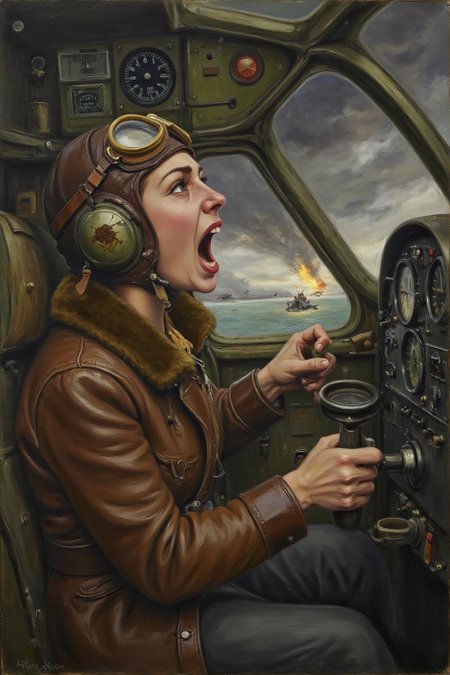hansandersenbrendekilde1 painting. 
A female pilot screaming inside the cockpit of a World War II bomber. The pilot, wearing a vintage leather flight helmet with goggles and a bomber jacket, grips the controls with white-knuckled hands. Her face is contorted in a mix of fear and determination as she yells, her eyes wide with adrenaline. The cockpit is cramped and filled with old-fashioned dials and gauges, with the outside view showing dark stormy clouds and distant anti-aircraft fire <lora:hansandersenbrendekilde1_cap_d8a4e11:1.0><lora:855180888940484113:0>