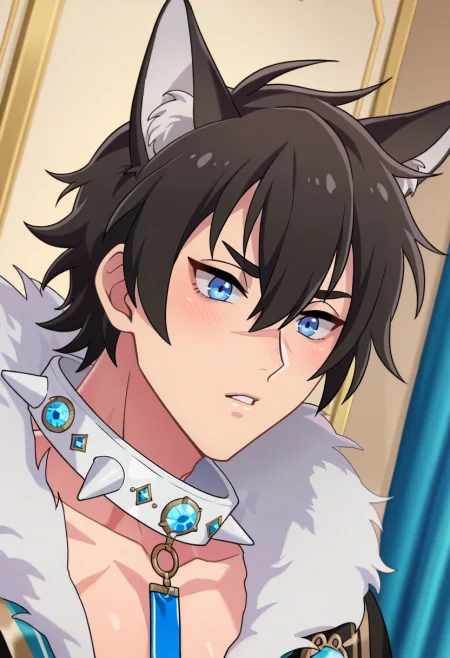 masterpiece, best quality, , anime screencap, anime coloring, official style, , , 1boy, solo, male focus, <lora:garu_nu_carnival_ilxl:0.94>, garu_nu_carnival, black hair, blue eyes, short hair, animal ears, scar, hair between eyes, spiked collar, wolf boy, wolf ears, , ,