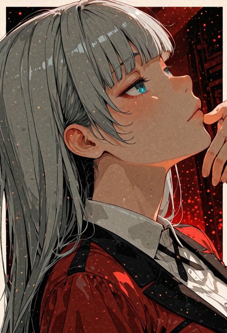 score_9, score_8_up, score_7_up,source_anime, high res image, masterpiece, best quality, masterpiece, newest, absurdres, best quality, hires, <lora:GEN(illust) 0.2v:1>high contrast, CG, anime, source anime, illustratio <lora:kakegurui_ririkamomobami_illustriousXL:1>
BREAK r1rika, long hair, grey hair, blunt bangs, hime cut, blue eyes
red jacket, blazer, long sleeves, white shirt, collared shirt, cross tie,
closeup, closeup to face, portrait, outside border, 
simple background
cinematic angle, various angles, detailed background, beautiful background, red theme, (rays light:1.0),(grow:1.0), light particles