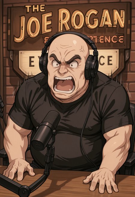 1boy, solo, the RoeJogan experience, sign, microphone, desk, wall,
faceless ugly man, brown eyes, ugly man, fat, bald, mature male, thick eyebrows, talking, angry, shouting, black headphones, black t-shirt,
 masterpiece, best quality, very aesthetic, absurdres,newest, sharp focus, perfect light, dynamic light, heavy lines, black outline, detailed shading, beautiful, 8K wallpaper, vibrant colors, high saturation, 
