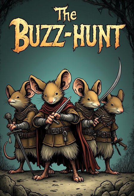 Frontcover of a comicstyle graphic novel the title "The Buzz-Hunt" is written in bolt wheathered letters. The cover depicts anStorybook illustration style with fine line work, muted earthy tones, detailed textures, stylized characters, and soft atmospheric shading of a group of  4mouseguard mice wearing a medieval leatherarmor, holding a swords or crossbows. The overall style of the illustration is dark with a gloomy color palette. detailmaximizer