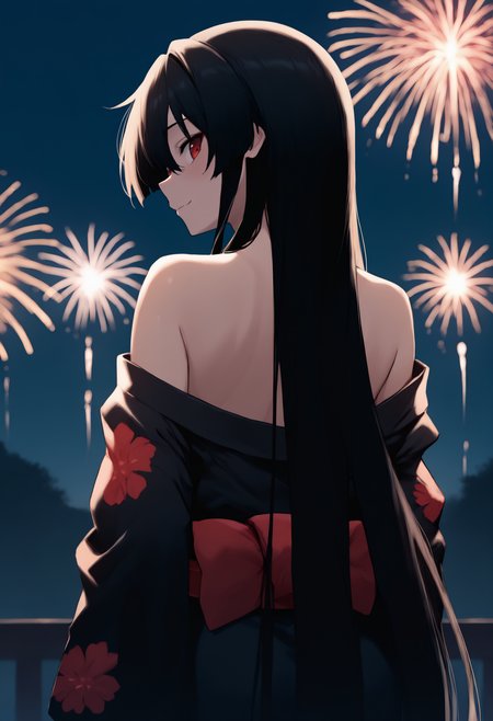 masterpiece, best quality, newest, anime, from behind, solo, 1girl, ak4me, slight smile, looking back, long hair, black hair, hair between eyes, red eyes, japanese clothes, black kimono, floral print kimono, off shoulder, red sash, obi, bare shoulders, outdoors, night, fireworks
<segment:yolo-Anzhc Face seg 640 v2 y8n.pt,0.4,0.5//cid=1>