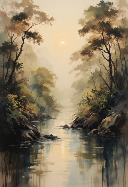 A dinkfsn style ink wash painting, OBxiaoxiang, Inkplash art on rice paper, sepia , Silhouette Art, magnificent, inksplash poster art, a large river flowing through a tropical rainforest, tall trees with buttresses, rapidly flowing water, reflections, sunset