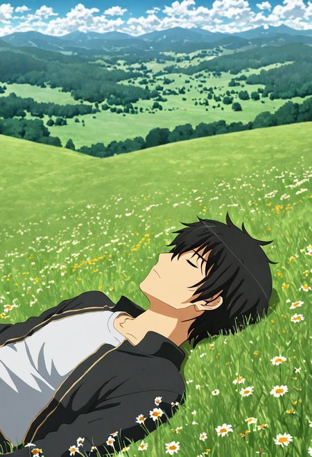 high resolution, solo, best quality, 1Boy, Kanie Seiya, Black Hair, relax, sleep, meadow, hill, cloudy, OverallDetail