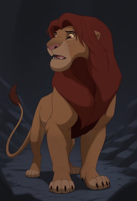 masterpiece,best quality,amazing quality, 1boy, solo,
s1mb4, lion, colored sclera, brown fur, red eyes, red mane, lion tail, full body, 