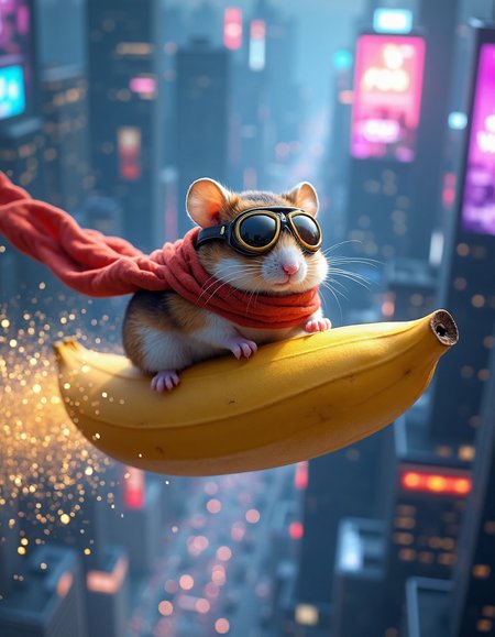 A daring hamster sitting on the sleek oversized banana like a jet, soaring high above a futuristic neon-lit cityscape. The city below is filled with towering skyscrapers, their windows glowing in shades of electric blue and purple, with vibrant billboards flashing in the night. The banana leaves a trail of sparkling gold dust as it zips through the cool night air. The hamsterâs tiny aviator goggles reflect the dazzling lights below, while its flowing red scarf dances in the wind. The scene is energetic, playful, and cinematic, <lora:aidmaMJ6.1:0.8>