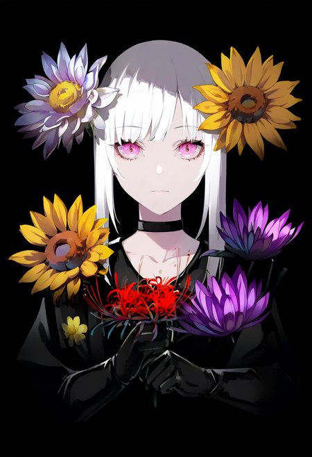 flower, 1girl, solo, yellow flower, looking at viewer, gloves, sunflower, white flower, choker, lily \(flower\), black background, upper body, black choker, purple flower, white hair, spider lily, purple eyes, red flower, black gloves, bangs, pink eyes, closed mouth, blue flower <lora:LAMXL_NBVP1_lokr_V6311PZ:0.95>
