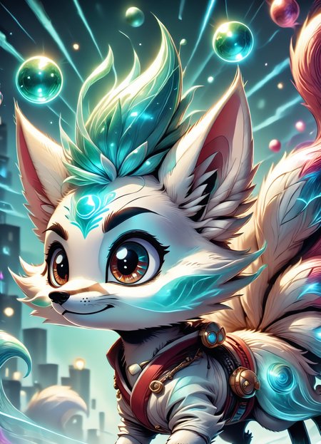 DonMC4r700nFu510nXL,  score_9, score_8_up, score_7_up, score_6_up, kitsune, fox spirit,fox with multiple tails, power, magical enchanting aura,supernatural alluring eyes white and red, intelligence, trickery,wisdom, supernatural feats, foggy,flourishing,city lights , rating_safe, <lora:DonMC4r700nFu510nXL-pony:1>