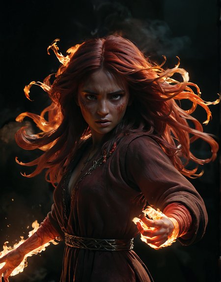 Female character with fiery hands in action, CGI and traditional animation blend, high detail, dark and moody background, glowing fire effects, dynamic pose, flowing hair, realistic textures, detailed clothing, high contrast, cinematic lighting
 <lora:SDXLHighDetail_v5:1> <lora:zavy-cntrst-sdxl:1> dark, chiaroscuro, low-key