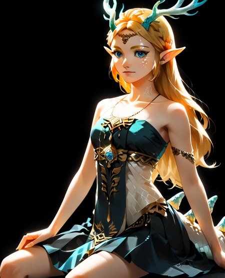 <lora:zelda_v2_pony:0.8>,
masterpiece,absurd resolution,8k,
score_9, score_8_up, score_7_up, score_6_up, score_5_up, score_4_up,    ,source_anime BREAK
zeldaPony, dragon girl, human head,score_9,1girl,solo,long hair,blue eyes,skirt,blonde hair,simple background,jewelry,sitting,closed mouth,tail,horns,pointy ears,black background,colored eyelashes,dragon tail,scales,antlers
detailed japanese scenery backround,soft lights,detailed shadows,