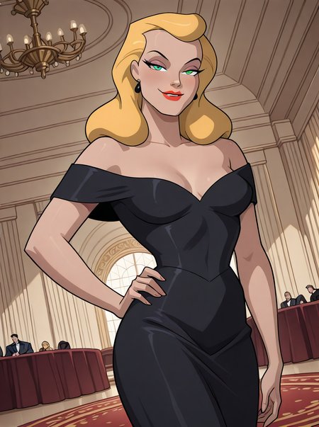 <lora:Catwoman_-_batman_animated_illust_v1:1>, c4tw0m4n, 1girl, mature woman, blonde hair, green eyes, red lips, makeup, black dress, hand on hip, dutch angle, sexy, interior, ballroom, looking at viewer, seductive smile,  <lora:dcau234-illu3_r1:0.4> , <lora:takeda_hiromitsu_style_illustrious_goofy:0.2>