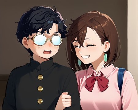 score_9,score_8_up,score_7_up,masterpiece, best quality, <lora:WHM 0.2v:0.5>, WHM, 2D,anime,  
 <lora:Locked_Arms:1.2>
upper body, 
girl locked boy arms, looking at another, locked arms,
school,indoors, 
BREAK
upper body, 
girl locked boy arms, looking at another,sweat, sweatdrop,locked arms,male arm down,
(surprised, shy,embarrassed), open mouth,   upper teeth only,   angry, 
opaque glasses, <lora:Opaque_glasses_r1:1.5>
  <lora:okarun_pony:0.6>  okarun, black hair, curly hair, (glasses), short hair, long sleeves, 18YO,
 gold buttons, (black gakuran:1.4),  <lora:Classic_gakuran:0.7>
BREAK
upper body, 
girl locked boy arms, looking at another,male arm down,
smile,closed eyes, teeth, happy, 
  ayase_momo, 1girl, earrings, jewelry, brown hair,   crossed bangs, hair between eyes, brown eyes, <lora:momo_ayase_dandadan:0.7>long sleeves,   pink shirt,red  bowtie, collared shirt, medium breasts, pleated skirt, miniskirt, 18YO, blue skirt,