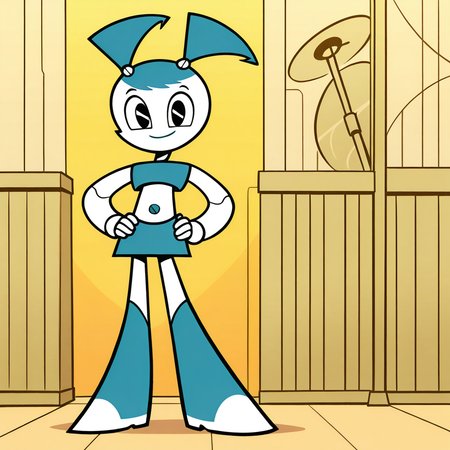 (masterpiece), (best quality), absurdres, intricate details, highres, <lora:XJ9_ILLUS_2:1> , solo, xj1, 1girl, twintails, jenny wakeman, robot,  robot, android, robot joints,  crop top, skirt, looking at viewer, black eyes, smile, no nose, boots, full body, hand on hip