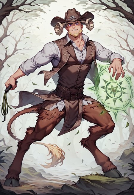 score_9_up, score_8_up, score_7_up, 1man, solo, extremely handsome, satyr, faun, (((long brown curled ram horns, ram horns))), 30yo, male focus, manly, dark royal purple eyes, <lora:PerfectEyesXL:1.0> perfecteyes, slight smirk, mouth closed, ((short straw blonde hair, clipped sides, sideburns, chinstrap beard, goatee)), very masculine human face with deep lines and creases, strong jawline with high strong cheekbones, chiseled chin, thin lean frame, slim lean body, light hairy arms, thick ram legs, hooves, ((1 lion tail with yellow tuft at end)), long goat ears, fur on legs, tan brown fur, (((country style clothing, high collar, wearing long dark green and dark brown robes with long wide sleeves, billowing dark green and dark brown robes, flowing dark green and dark brown robes, vested shirt under robes))), ((((dark green long wide oversized wizard sleeves)))), (((((wild west outlaws style, brown leather, wearing long dark brown vest,))))), ((((wearing dark brown large wide-brimmed cowboy hat,)))), cowboy, long flowing forest green loincloth of leaves, full body, tree roots, cinematic lighting, sunlit hazy woods of giant tree trunks with sunbeams, foggy sunlit forest of giant trees, ((action shot, right hand gripping long single stranded green whip whipping ground, whipping ground)), ((left hand casting spell, rune magic, green magic spell)), charging, leaning forward, human hips, human waist