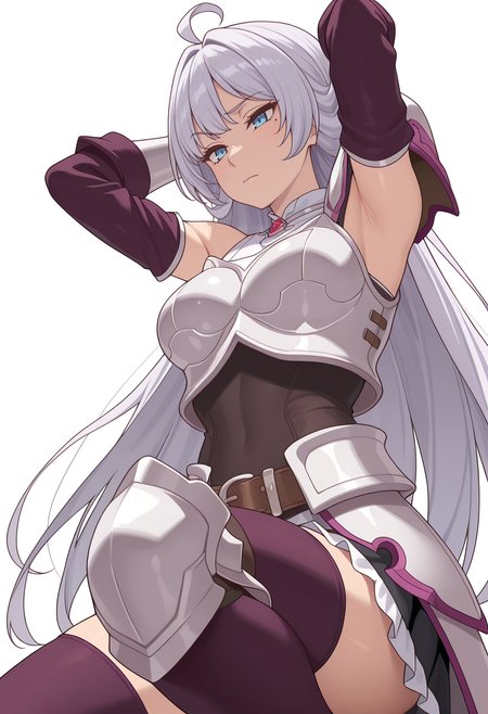Smooth Quality,masterpiece,very intricate, high quality details, ultra realistic, high detailed skin,detailed enviorement,absurdres,
simple background, white background,
from below,raised eyebrow,lying down, hands behind head, one knee bent, relaxed expression, casual vibe,  ,
 <lora:Crylet_Kureha_cnn:0.8>kurehacnn,1girl,bangs, blue eyes, ahoge, mole,  bare shoulders, grey hair, very long hair,armor, skirt, thighhighs, detached sleeves, breastplate, belt, shoulder armor, gauntlets,