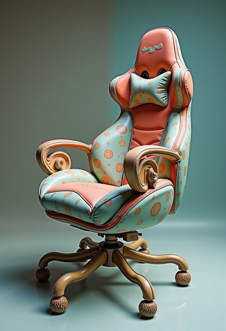 ffffx10. this is a highly detailed. A surrealist-inspired gaming chair with an imaginative and dreamlike design. The chair has an organic, flowing structure that defies conventional geometry, with melting edges and surreal curves reminiscent of Salvador Dalí’s works. The seat appears to be suspended in mid-air, supported by a leg with five distinct sections, each twisting and morphing in unexpected ways, resembling an abstract sculpture. The upholstery features a bizarre yet elegant pattern, with dreamlike textures and shifting colors. The armrests morph into fluid, otherworldly shapes, while the headrest seamlessly integrates into a surreal composition. The entire chair radiates an ethereal, almost hypnotic atmosphere, making it a statement piece in any gaming setup.