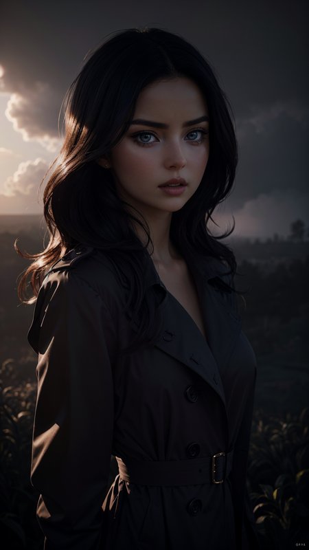 dem1rmawby, Dark-haired mysterious woman, black trench coat, glowing purple aura, perched raven, intense expression, dramatic lighting, dark and stormy background, high detail, digital illustration
(photorealistic:1.5), (film grain:1.5), (circle:1.0), ,<lora:backlight_slider_v10:-1>,