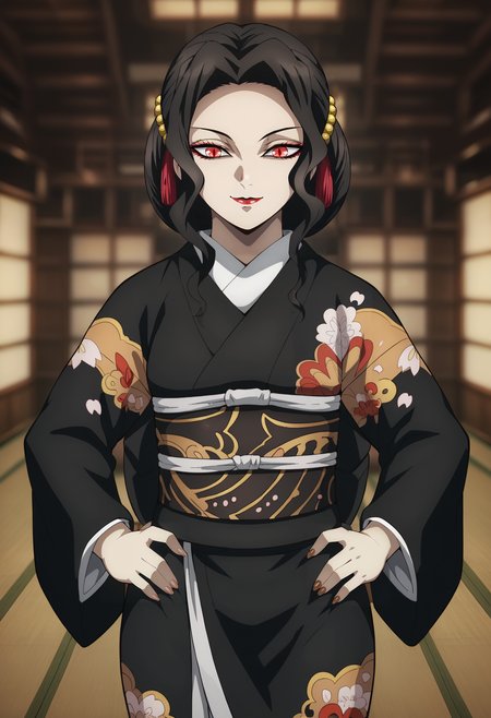 <lora:Muzan_Kibutsuji-Kimetsu_no_Yaiba:0.8>,Muzan,mature female,1girl,solo,black hair,hair ornament,red eyes,makeup,lipstick,kimono,cowboy shot,hands on own hips,looking at viewer,smile,indoors