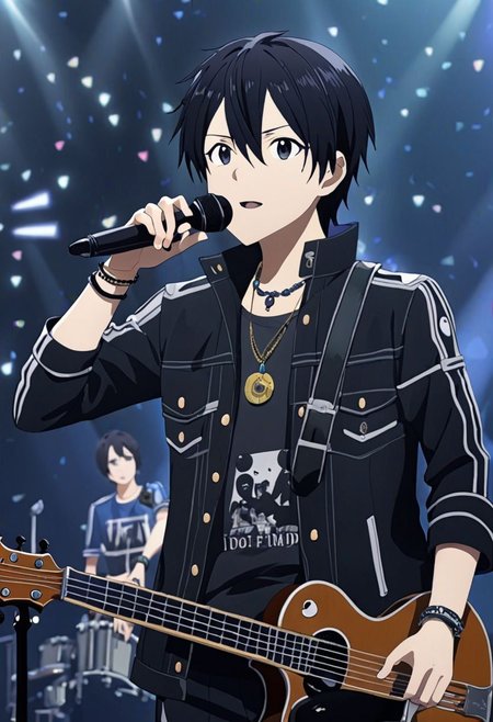 high resolution, professional photography, best quality, 1Boy, Kirigaya Kazuto, Black Hair, Black Eyes, idol, singing, potrait, dept of field, virtual concert, musical instrument, playing musical instrument, necklace, bracelet, sneakers, overalldetail
