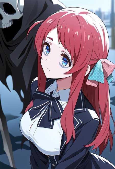 very awa, masterpiece, best quality, year 2024, newest, highres, absurdres, <lora:age_slider_v4:3> <lora:thicc_v1.4-pony:1.2>,detailed_background,outdoors,bow,upper body,jacket,white shirt,bowtie,sitting,minamoto sakura,blue eyes,red hair,grim reaper,shirt,open jacket,1other,black bowtie,black bow,zombie land saga,black jacket,check spoilers,da huang,death \(entity\),medium breasts,1girl,breasts,open clothes