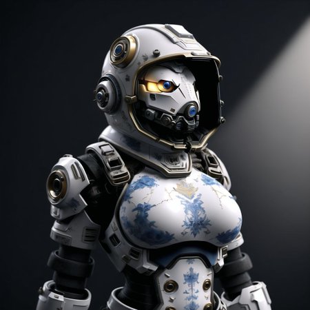 <lora:porcelain_gzhel:1.0>,  (porcelain, Gzhel, rococo:1.0), 1girl, android, ash \(titanfall 2\), black sclera, blue leotard, breasts, cable, colored sclera, cracked skin, head tilt, highres, hood, hood up, kagaya \(oshiriudon\), leotard, looking down, medium breasts, metal skin, rat, science fiction, simulacrum \(titanfall\), solo, yellow eyes