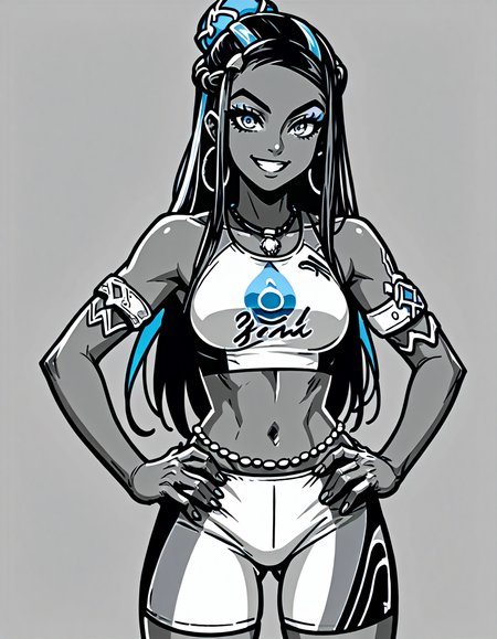 score_9, score_8_up, score_7_up,  <lora:Clean Sketch (J) style:1> monochrome, solo,  <lora:EPpkNessa:0.8> EPpkNessa,, blue eyes, black hair, blue hair, streaked hair, single hair bun, dark skin, dark-skinned female,, swimsuit, sportswear, blue eyeshadow, makeup, bike shorts, belly chain, navel, jewelry, hoop earrings, midriff, necklace, bikini, crop top, armlet, hands on hips, smiling, looking at viewer,