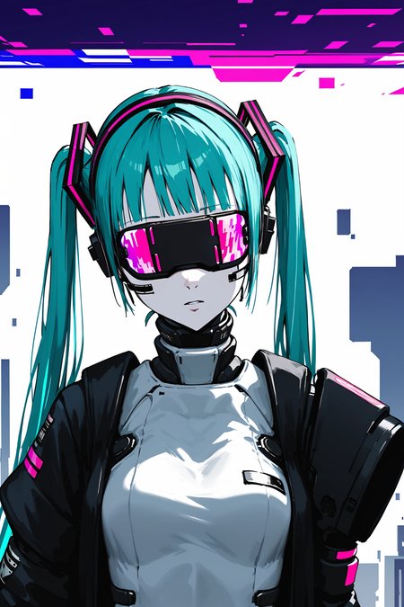 (score_9,score_8_up,score_7_up), masterpiece, best quality, very aesthetic, absurdres, 8k, anime, 1girl, solo, cyborg, sanakan as hatsune miku, miku hair, twintails, human face, pale skin, porcelain white face, (vr headset covering eyes:1.1),idol pose, bent forward, cyberpunk, punk, glitch art style, cyberpunk, ar-glitch, glitch, tmnh <lora:Glitch:1> <lora:Tsutomu_Nihei_Blame_Style:1>