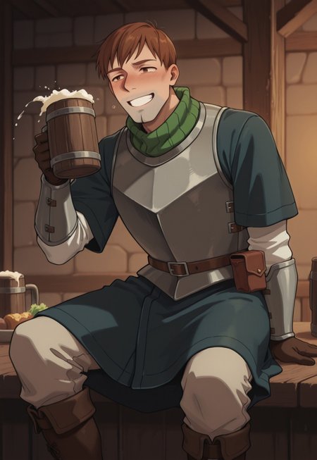 safe_pos, score_9, score_8_up, score_7_up, masterpiece, best quality, very aesthetic, absurdres, amazing quality, high resolution, ultra-detailed, volumetric lighting, happy, laughing, grin, drunk, holding mug, tankard, beer, spilling, sitting on a table, tavern, evening, food, plate, indoors, TallmanChilchuck, 1boy, solo, male focus, brown hair, short hair, brown eyes, stubble, goatee, mature male, green neck warmer, blue tunic, short over long sleeves, white shirt, long sleeves, cuirass, brown belt, arm guards, beige pants, brown leather boots, belt pouch, brown gloves, perspective
