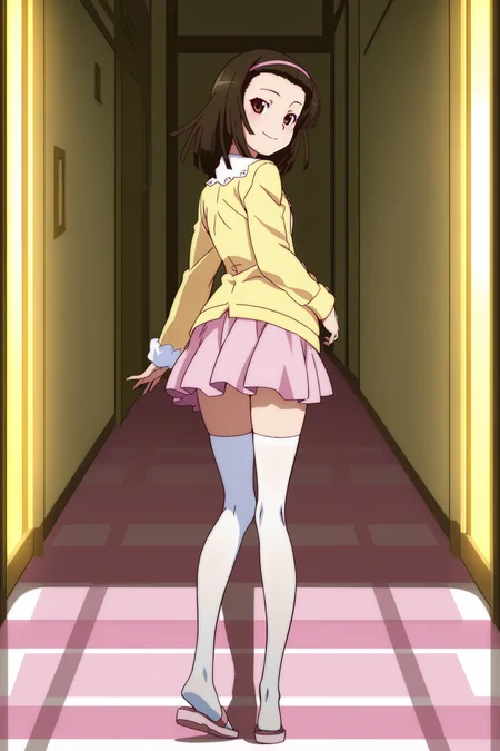 anime screencap, anime coloring, detailed face, masterpiece, best quality, very aesthetic, absurdres, volumetric lighting, official style, amazing quality, ultra detailed,  highres, amazing quality, scenery, beautiful detailed hair, beautiful detailed eyes,
 <lora:Nadeko_Sengoku_Monogatari_Series:1>
inside,
Nadeko pink dress and pink hairband (outfit), Nadeko Sengoku (character), 1girl, sengoku nadeko, thighhighs, solo, long legs, legs, looking back, brown hair, skirt, zettai ryouiki, hairband, shoes, white thighhighs, brown eyes, sandals, yellow jacket, smile
