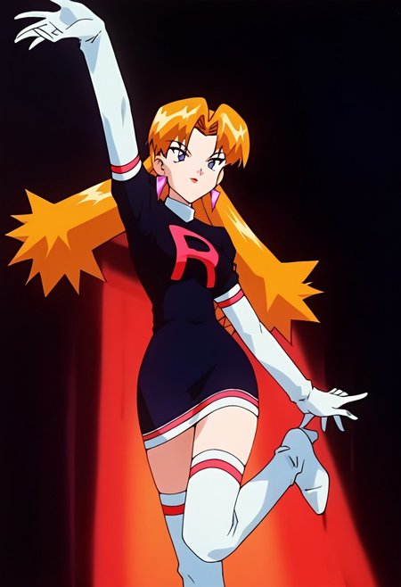 score_9, score_8_up, score_7_up, rating_safe, source_anime, anime_screenshot, amine_coloring 1girl, highres, uncensored,
PKMNCassidy, 1girl, orange hair, long hair, parted bangs, purple eyes, red lips, earrings, PKMNCassidy, 1girl, orange hair, long hair, parted bangs, purple eyes, red lips, earrings, Team Rocket Uniform, black dress, white gloves, elbow gloves, zettai ryoiki, white thighhighs, high heel boots