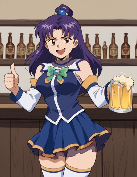 score_9, score_8_up, score_7_up, source_anime, <lora:misato-katsuragi-classic-ponyxl-lora-nochekaiser:1>, misato katsuragi, long hair, brown eyes, purple hair, parted bangs, medium breasts, <lora:aqua-cosplay-ponyxl-lora-nochekaiser:1>, aqua cosplay, aqua (konosuba) (cosplay), skirt, shirt, thighhighs, bare shoulders, detached sleeves, white thighhighs, blue skirt, blue shirt, green bow,, bar, beer, beer mug, thumbs up, smile, smug, holding beer mug,,