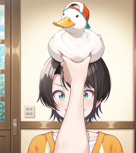 <lora:add-detail-xl:0.5>,,masterpiece,best quality,anime coloring,anime screenshot,
<lora:Cheek_Grabbing_Material:0.9>Cheek_Grabbing_Material,   
1girl,duck,
duck on head,
grabbing duck,
oozora subaru, hololive, official art, 
20YO, milf,