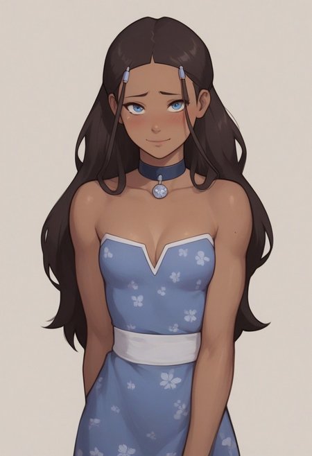 women;
handsfree, , cleavage natur,   bare shoulders, collar bone,
score_9, score_8, score_7, high quality, high detail, masterpiece, sharp lines, blush, small breasts, looking at viewer,  shy smile
 <lora:AsuraV2:0.5>,  <lora:princess_xl_v2:0.25>,  <lora:Smooth Anime Style LoRA XL:0.5>,  <lora:g0th1cPXL:0.5>,
 <lora:katara-book2-ponyxl-lora-nochekaiser:0.5> katara, dark skin, choker, dark-skinned female, brown hair, long hair, shoulder hair, blue eyes, hair ornament
dress floral, lacing detail on dress,