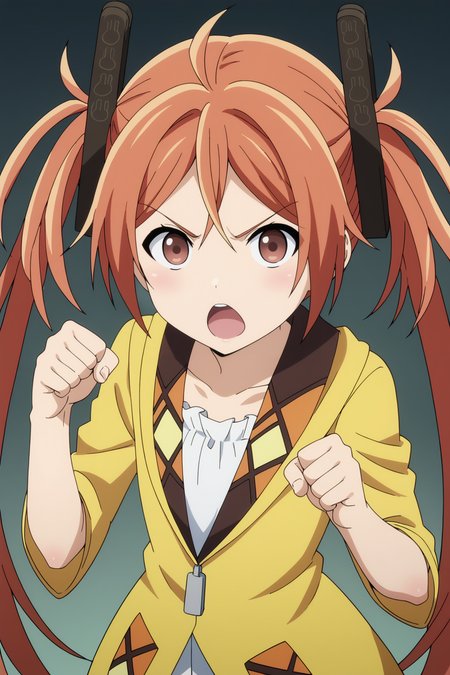 score_9, score_8_up, score_7_up, source anime, prefect lighting, very aesthetic, BREAK, anime screencap, anime coloring,
<lora:aihara_enju_v1-pony6:0.9>, 1girl, aihara enju, black bullet, orange hair, long hair, straight hair, enjoout, twintails, hair ornament, 
BREAK, looking at viewer, open mouth, raised fist, punching, punch, incoming punch, 
BREAK,