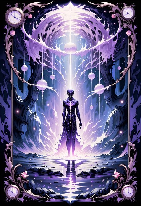 "A stylized Tarot card named 'The Echoes of Time,' depicting a haunting figure standing at the center of a swirling vortex of past and future visions, each one a fleeting glimpse of forgotten memories and possible futures. The figureas body is partially transparent, made up of flickering, digital fragments that shift and change like a living mosaic. Ghostly apparitions emerge from the vortex, their forms composed of fragmented data and soft, glowing light, whispering secrets of the ages. The background is a surreal, misty forest where the trees are adorned with glowing, floating clocks and shimmering, digital leaves that seem to pulse with life. The cardas border is designed with intricate, time-themed motifs intertwined with glitching, digital patterns, glowing softly in shades of lavender and silver."
<lora:abstract_render_flux:0.4>,<lora:Painted_World_Flux:0.8>,<lora:Dreamwave_FLUX:0.6>,<lora:dreamlands_flux:0.6>,
