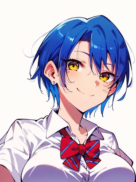 score_9, score_8_up, score_7_up,  
1girl, satonaka Satsuki, blue hair, short hair, hair between eyes, large breasts,
yellow eyes, school uniform, white shirt, short sleeves, red bowtie, smile, closed mouth, looking at viewer, white background, upper body, face, stud earrings,