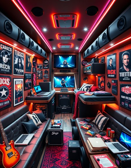 The interior of a modern RV customized for a rock band on tour. The space is stylish and lived-in, filled with musical gear like guitar cases, amps, and a drum pad. Posters of famous rock bands and tour memorabilia cover the walls. There are leather couches, a small kitchenette with snacks and energy drinks, and a cluttered table with laptops, cables, and setlists. A narrow hallway leads to sleeping bunks with personal items like headphones, books, and clothes tossed around. The lighting is warm with LED strips in red and purple tones, giving it a cozy but edgy atmosphere. A small TV displays concert footage, and speakers are mounted on the ceiling. The whole scene feels energetic, artistic, and chaotic in a creative way. Realistic style, rich colors, and highly detailed environment.
<lora:SDXLFaeTastic2400:0.4> <lora:extremely_detailed:0.4> extremely detailed <lora:r0ck_b4nd_rv:1>r0ck b4nd rv, Masterpiece,best quality,hi res,8k,hi res,8k,award winning,(sharp focus, intricate, highly detailed),