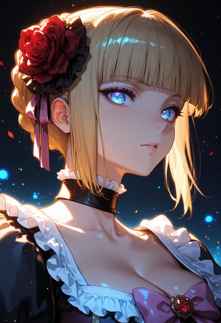 <lora:Beatrice_Umineko_ILXL:0.95>, <lora:SDXL_HandFineTuning_XL:0.4>, <lora:for_illust_spo_sdxl_10ep_4k-data_lora_webui:0.7>, <lora:for_illust_GBF_Illustrious:0.4>, <lora:for_illust_ponyv5_noobV065S_1_adamW-000013:0.2>, <lora:for_illust_748cmSDXL:0.3>, <lora:warm light style v2:0.4>, perfect quality, best quality, absolutely eye-catching, cinematic, (masterpiece), holographic colors, luminescent glowing colors, dark background, backlighting, luminescent colors, glowing colors,(ultra-detailed), Soft lighting, very aesthetic, illustration, close-up,  perfect composition, portrait, ultra detailed face, blue eyes, looking at viewer, Beatrice (umineko), eyelashes, nose, blunt bangs, blue eyes, blonde hair, hair ornament, short hair, flower, hair flower, rose, breasts, large breasts, cleavage, dress, bow, frills, choker, wide sleeves, pink bow, juliet sleeves, long dress, long sleeves, bubble skirt, puffy sleeves