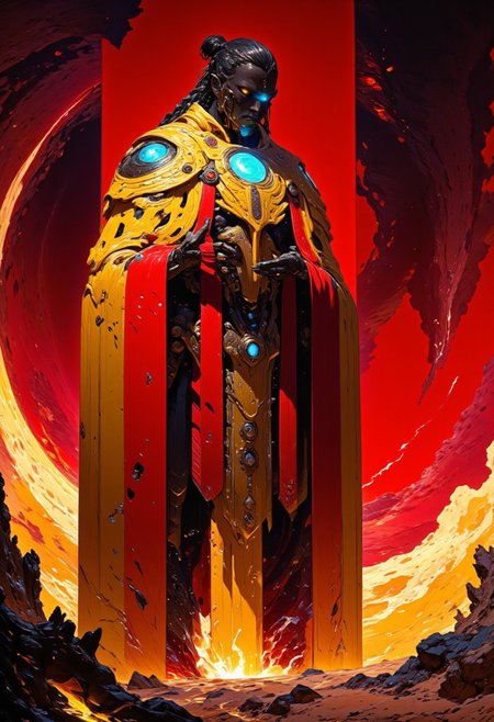 (in Krenz Cushart style:1.2), high-quality, masterpiece, A full-body side-angle shot in anime, cyberpunk style, depicting a powerful man standing in a serene praying pose. He wears a traditional Buddhist robe, flowing in vibrant red and yellow hues, with intricate folds and detailing. Around his neck is a Buddhist bead necklace, with matching beads adorning his arms. His long warrior-style hair is tied into a man bun, giving him a fierce yet tranquil appearance. On his forehead is a glowing blue third eye, inspired by the Eye of Lord Shiva, centered above the brow with a vertical orientation, radiating divine energy. His hands are folded in a respectful praying pose, fingers gently touching in a symbolic gesture of peace and focus. The background burns with a deep red fire, creating the atmosphere of an intense ritual in progress, with the flames swirling like mystical energy around him, reflecting his inner power and spiritual strength. His posture and presence exude a blend of wisdom and combat readiness, encapsulated in the surreal, cyberpunk ambiance of the scene.  (elaborate fine details:1.1), (elaborately detailed attire with extraordinary elements:1.1), (hyperdetailed:1.1), (intricate details:1.0), (Refined details:1.1), (best quality:1.1), (high resolution:1.2)